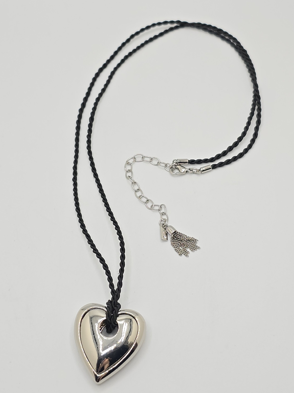 Puffy Heart Pendant Necklace Simply Vera Vera Wang Black Cord 27" Silver Tone